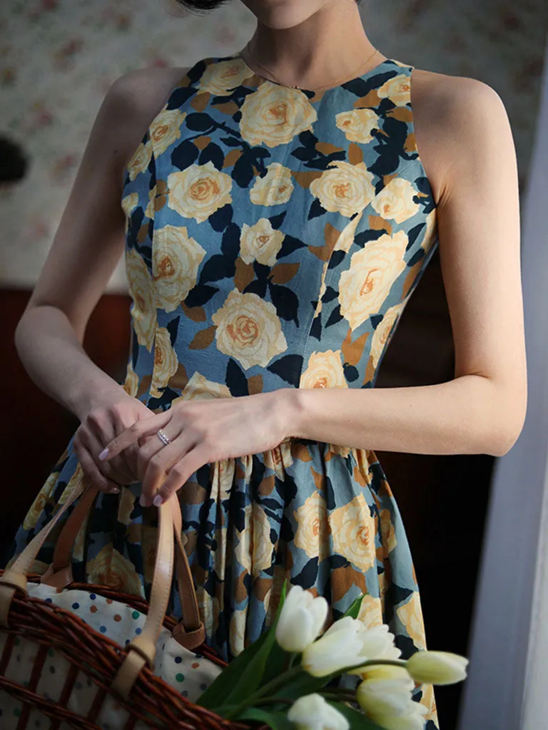 1950S Hepburn Style Outfits Blue And Yellow Floral Print Back Hollow Heart Swing Dress