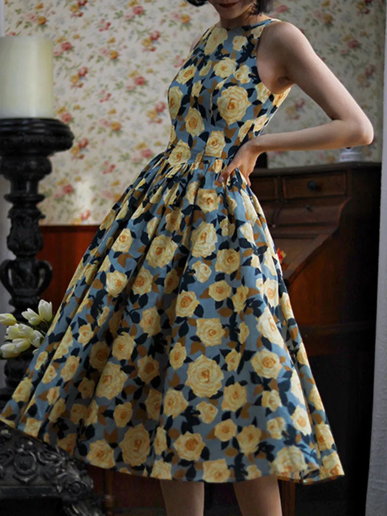 1950S Hepburn Style Outfits Blue And Yellow Floral Print Back Hollow Heart Swing Dress