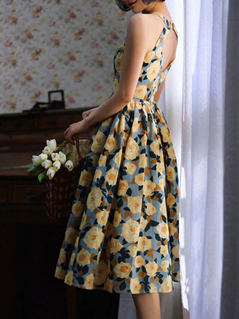 1950S Hepburn Style Outfits Blue And Yellow Floral Print Back Hollow Heart Swing Dress