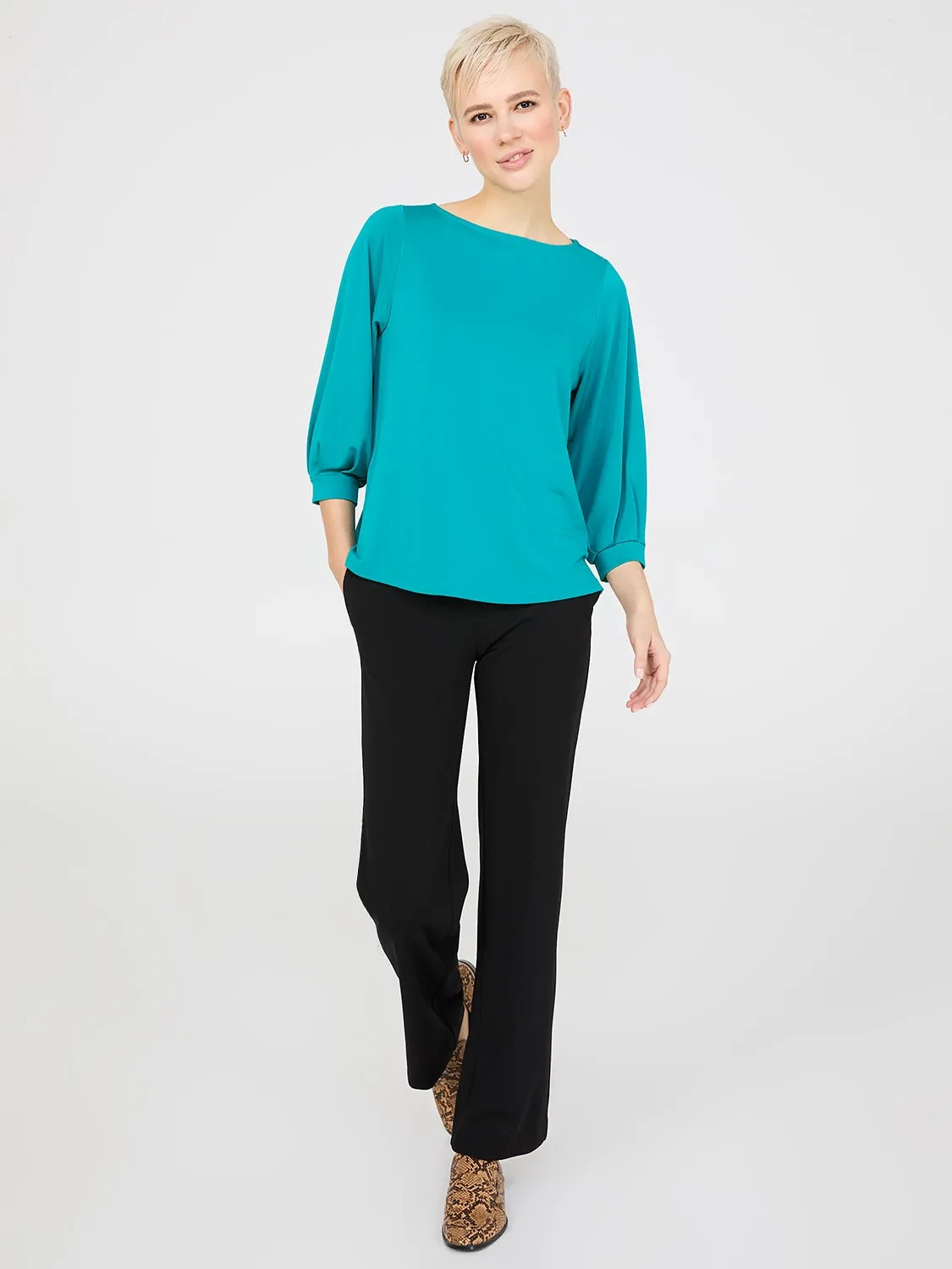 3/4 Pleated Sleeve Boat Neck Top