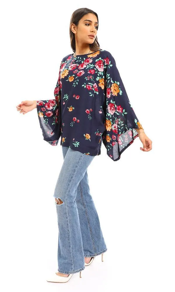 57919 Round Neck Loose Fit Floral Blouse - Navy Blue