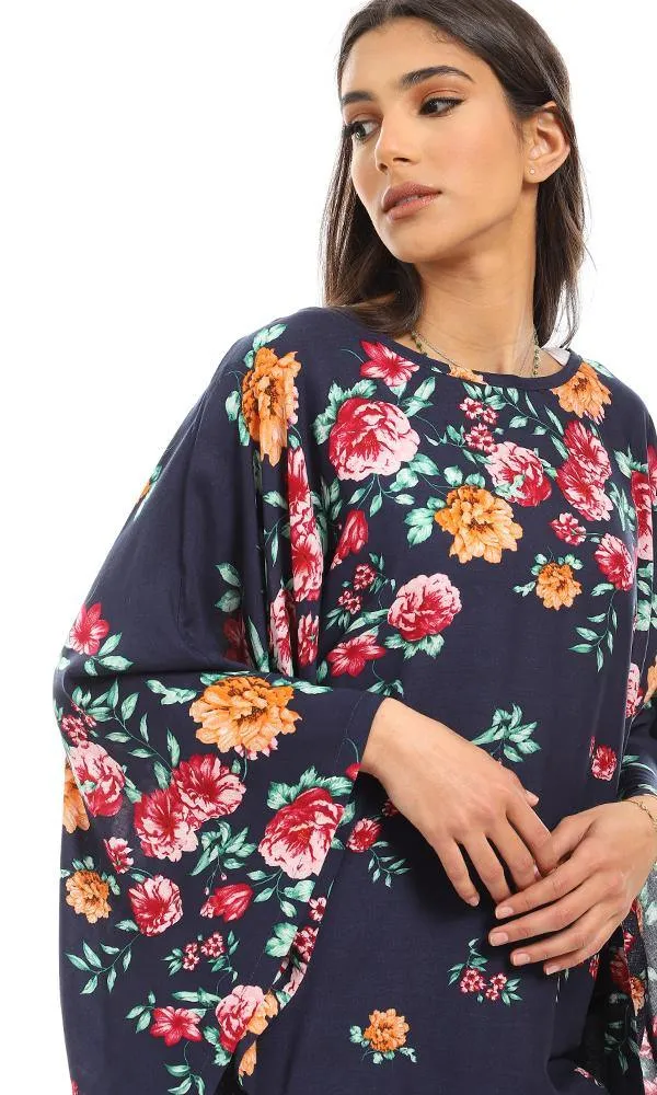 57919 Round Neck Loose Fit Floral Blouse - Navy Blue