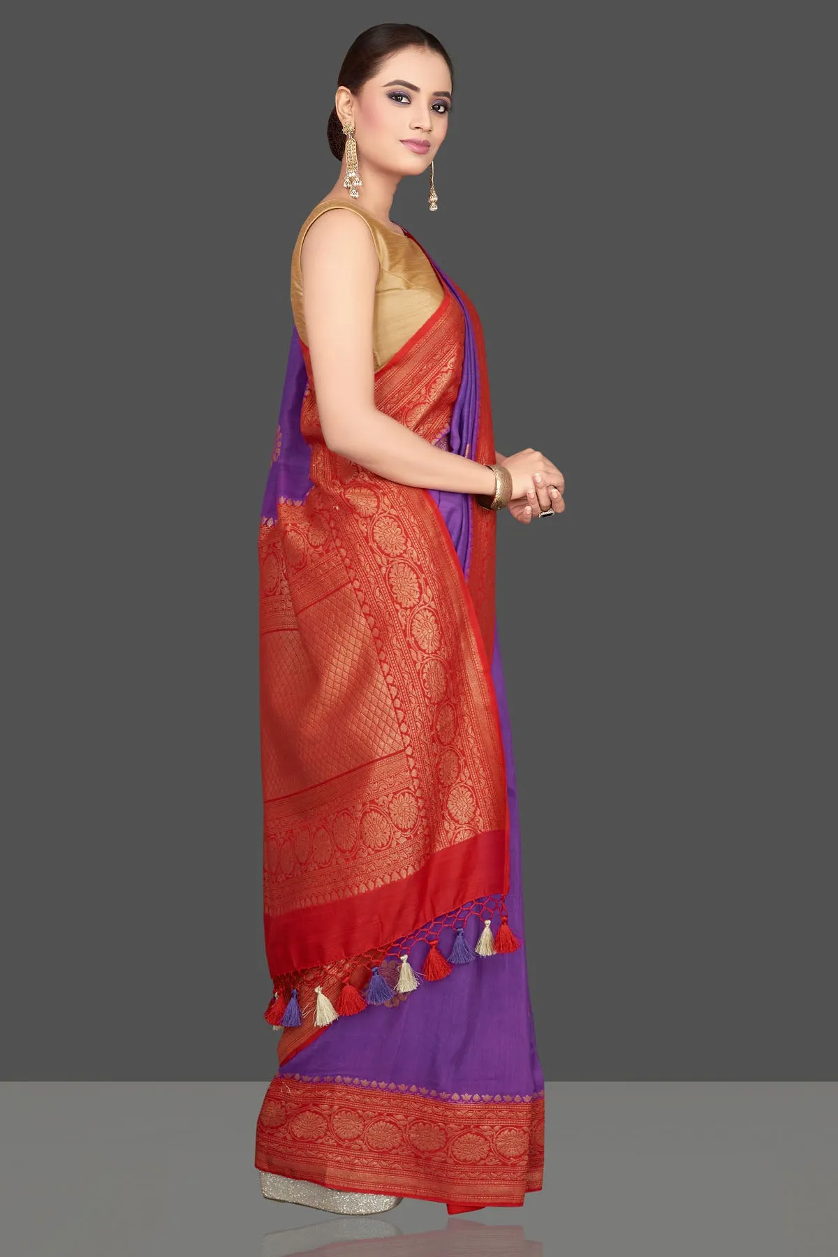 90K573-RO Purple Katan Silk Saree with Red Zari Pallu