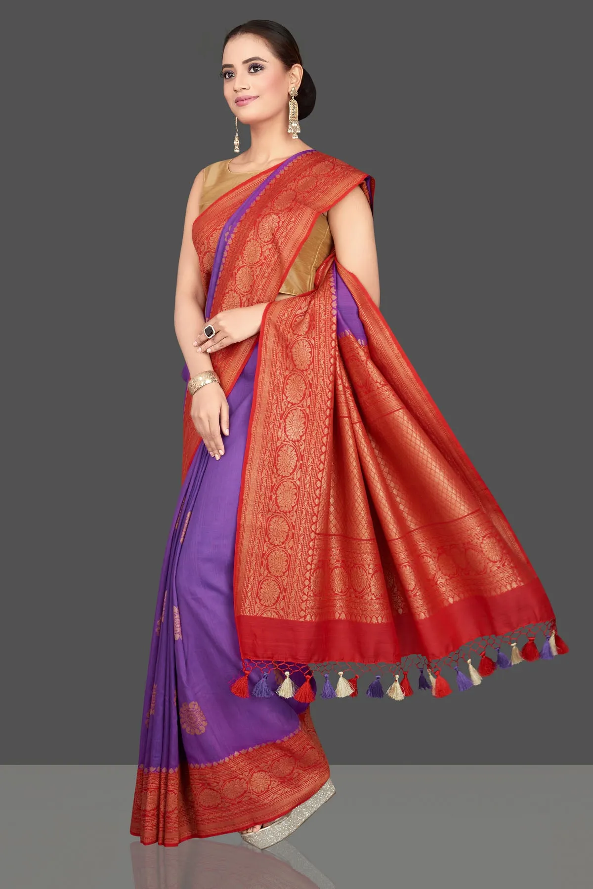 90K573-RO Purple Katan Silk Saree with Red Zari Pallu