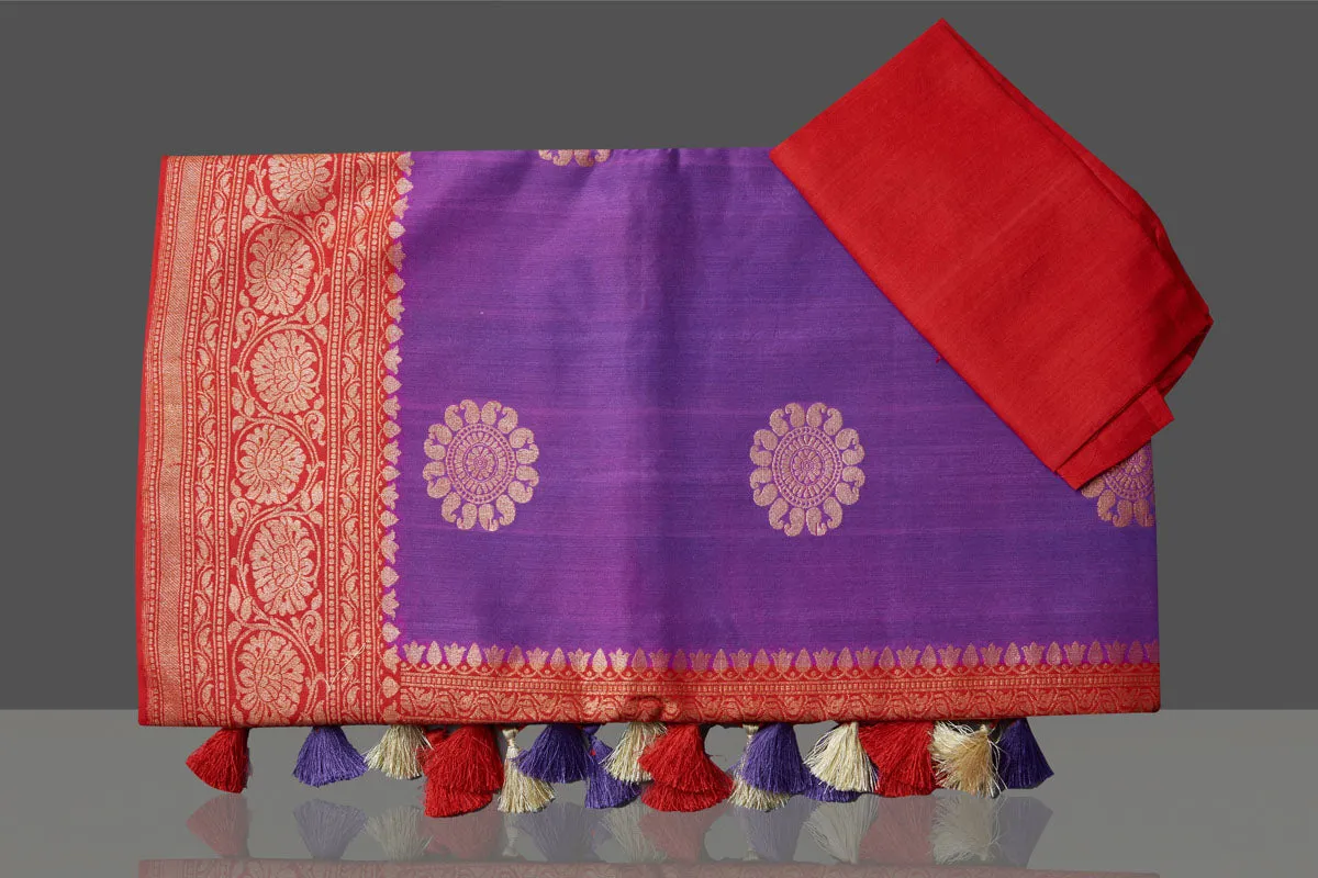 90K573-RO Purple Katan Silk Saree with Red Zari Pallu