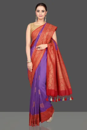 90K573-RO Purple Katan Silk Saree with Red Zari Pallu