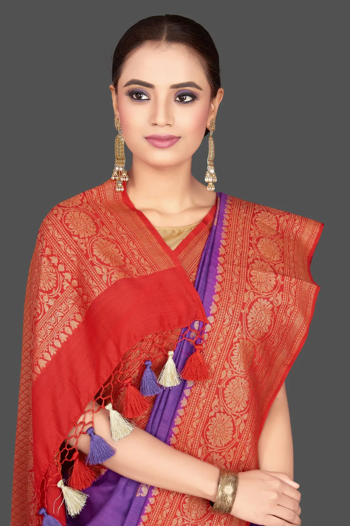 90K573-RO Purple Katan Silk Saree with Red Zari Pallu