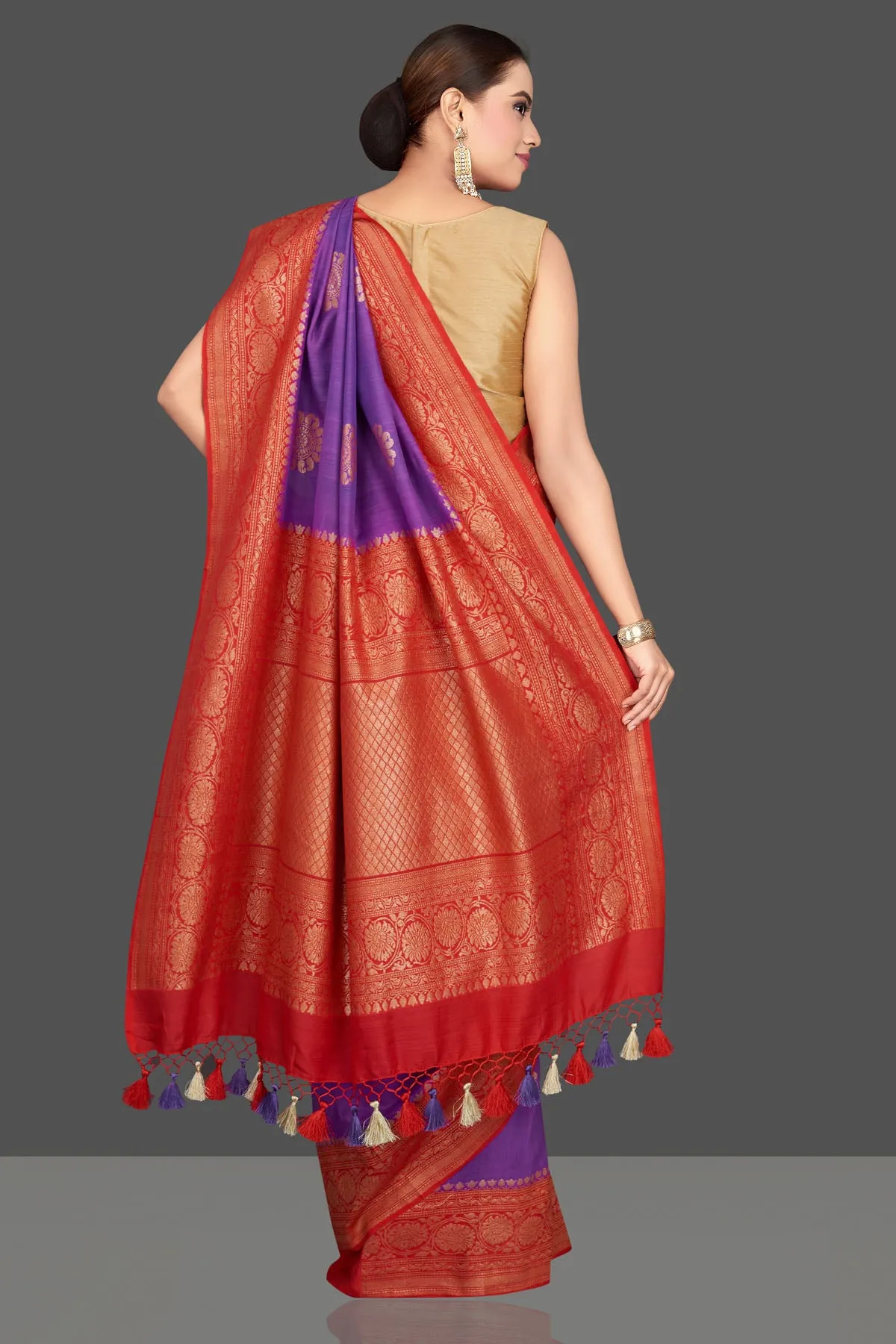 90K573-RO Purple Katan Silk Saree with Red Zari Pallu