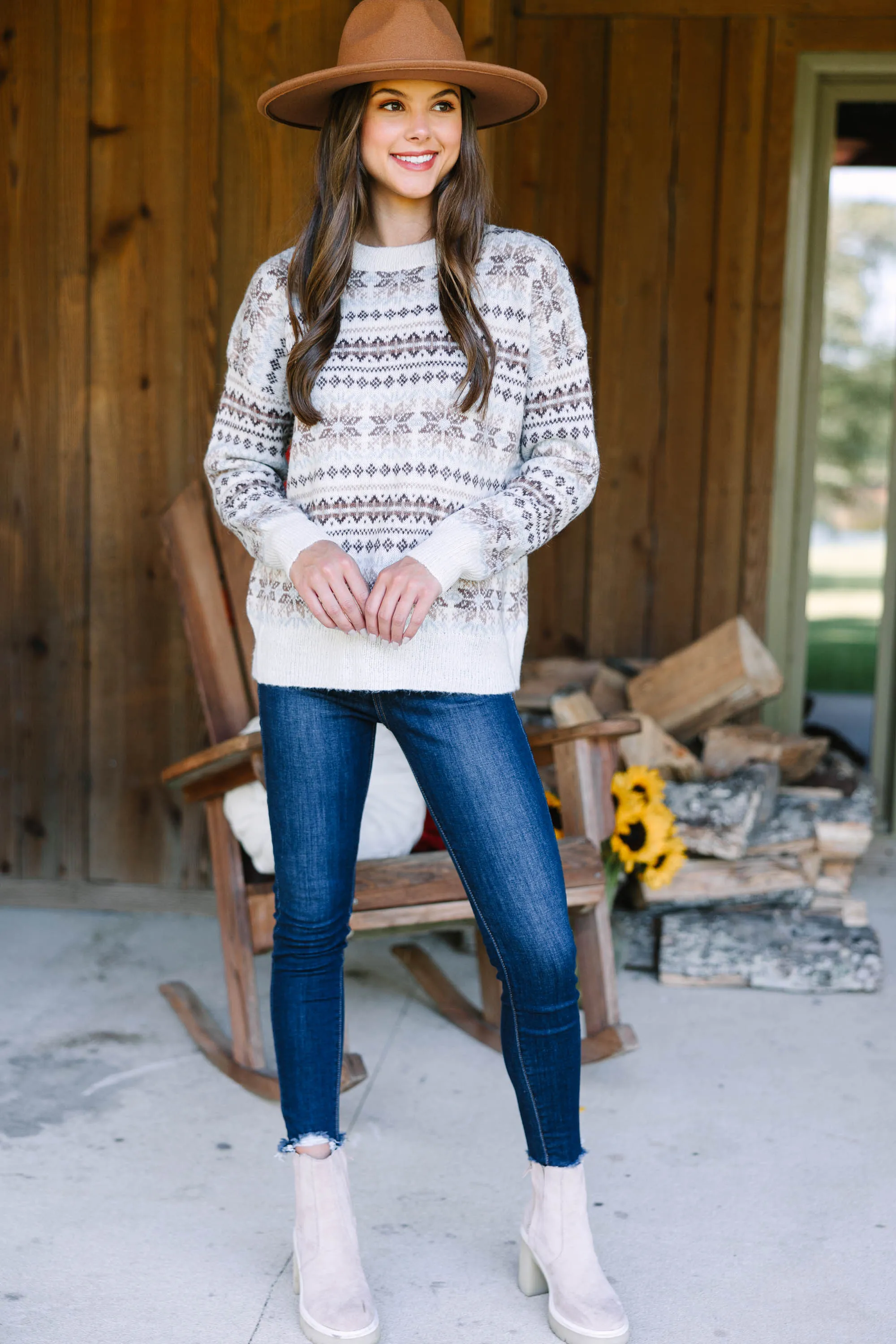 All For This Cream White Geometric Sweater