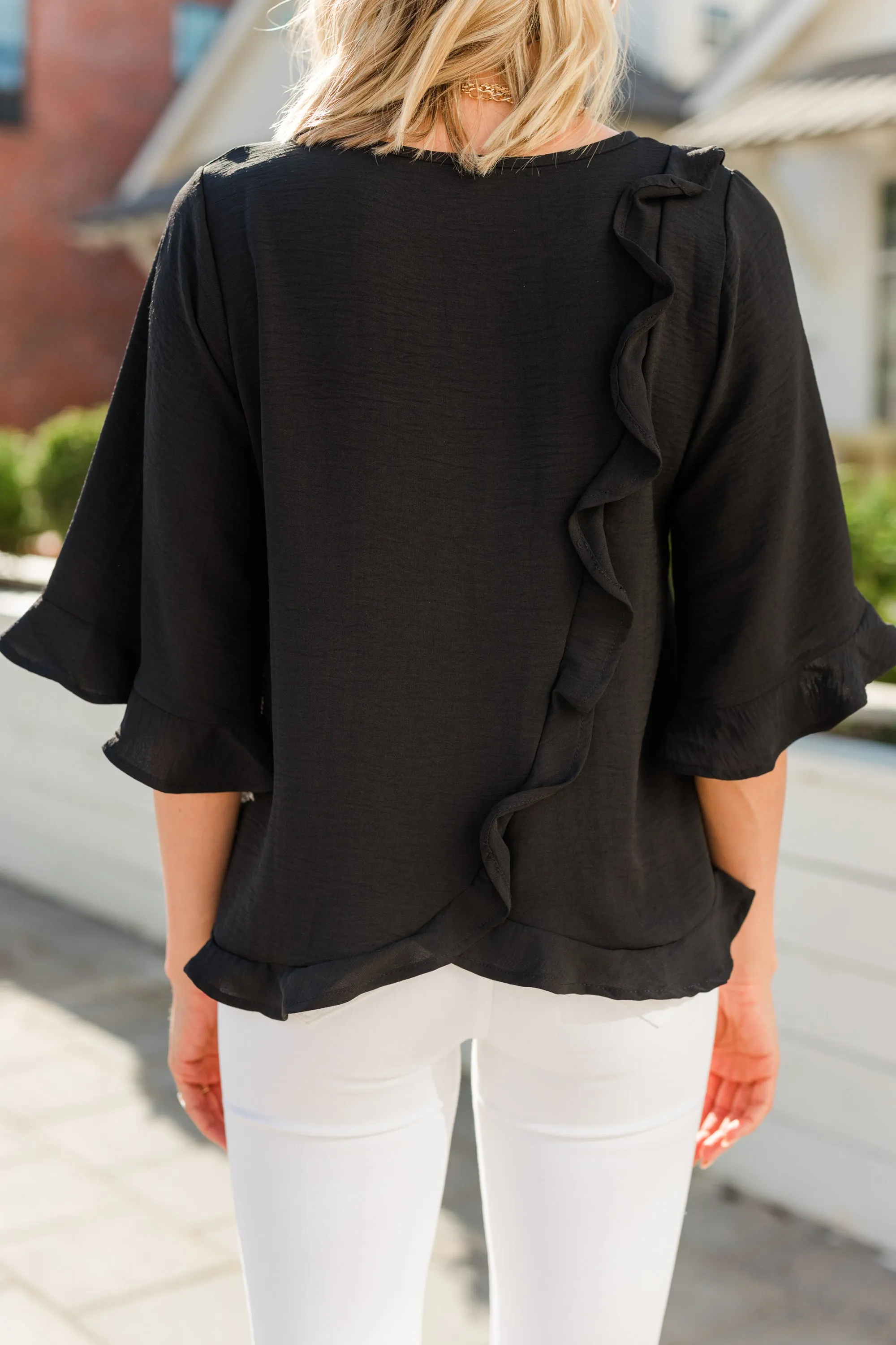 All You Have To Do Black Ruffle Blouse