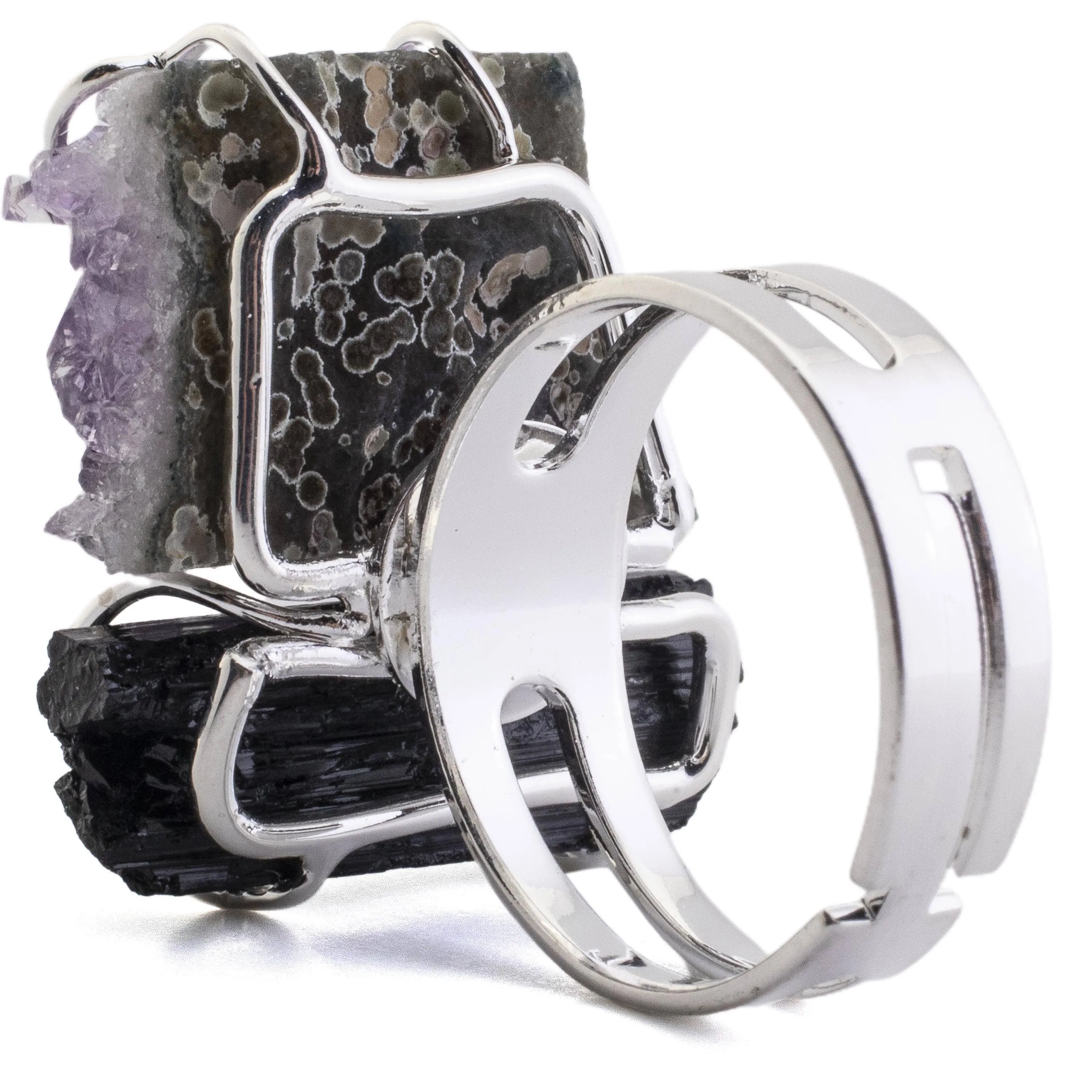 Amethyst and Black Tourmaline Adjustable Ring