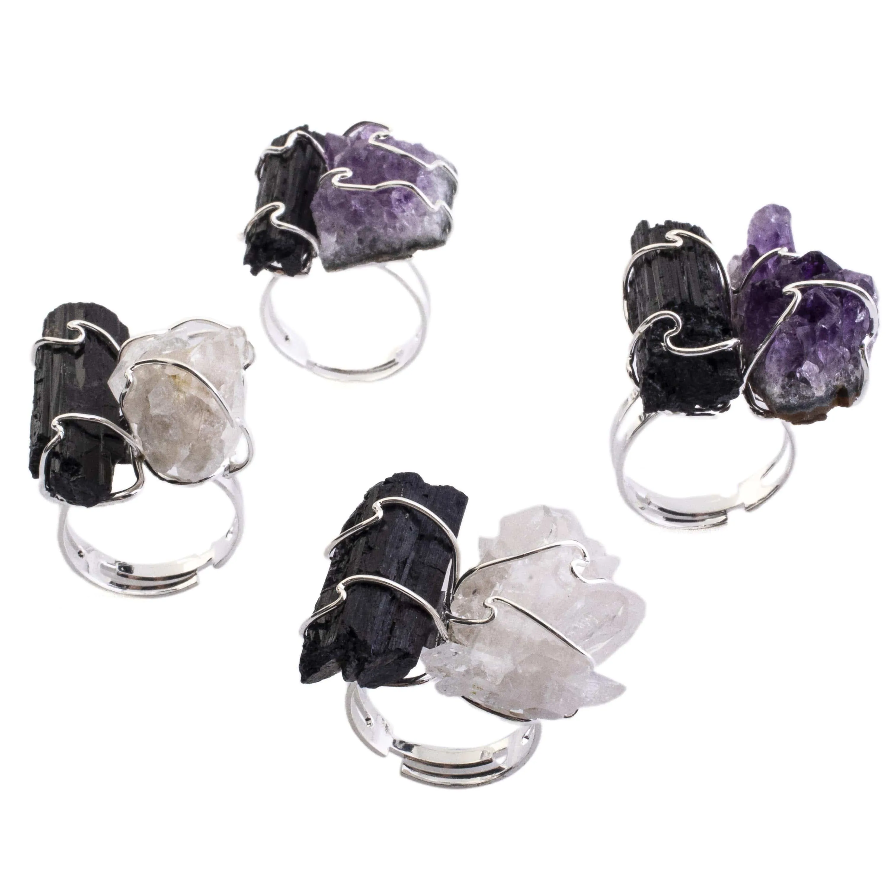 Amethyst and Black Tourmaline Adjustable Ring