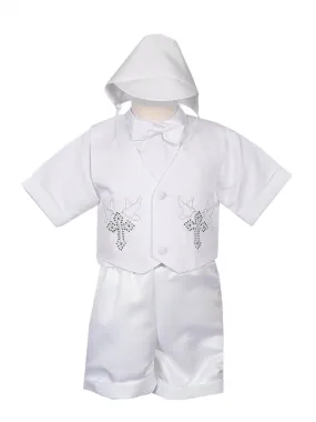 Baby Boys White 4 pc Rhinestone Cross Vest Hat Baptism Outfit 3-24M