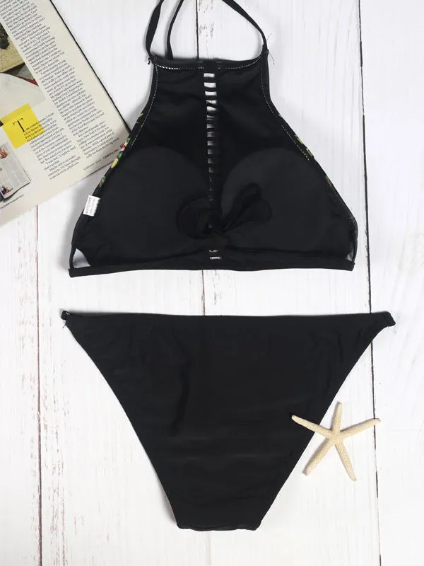 Black Embroidery Cut Out High Neck Halter Bikini Sets