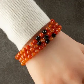 Carnelian Faceted 6mm Beads with Black Agate Accent Beads Triple Wrap Gemstone Elastic Bracelet