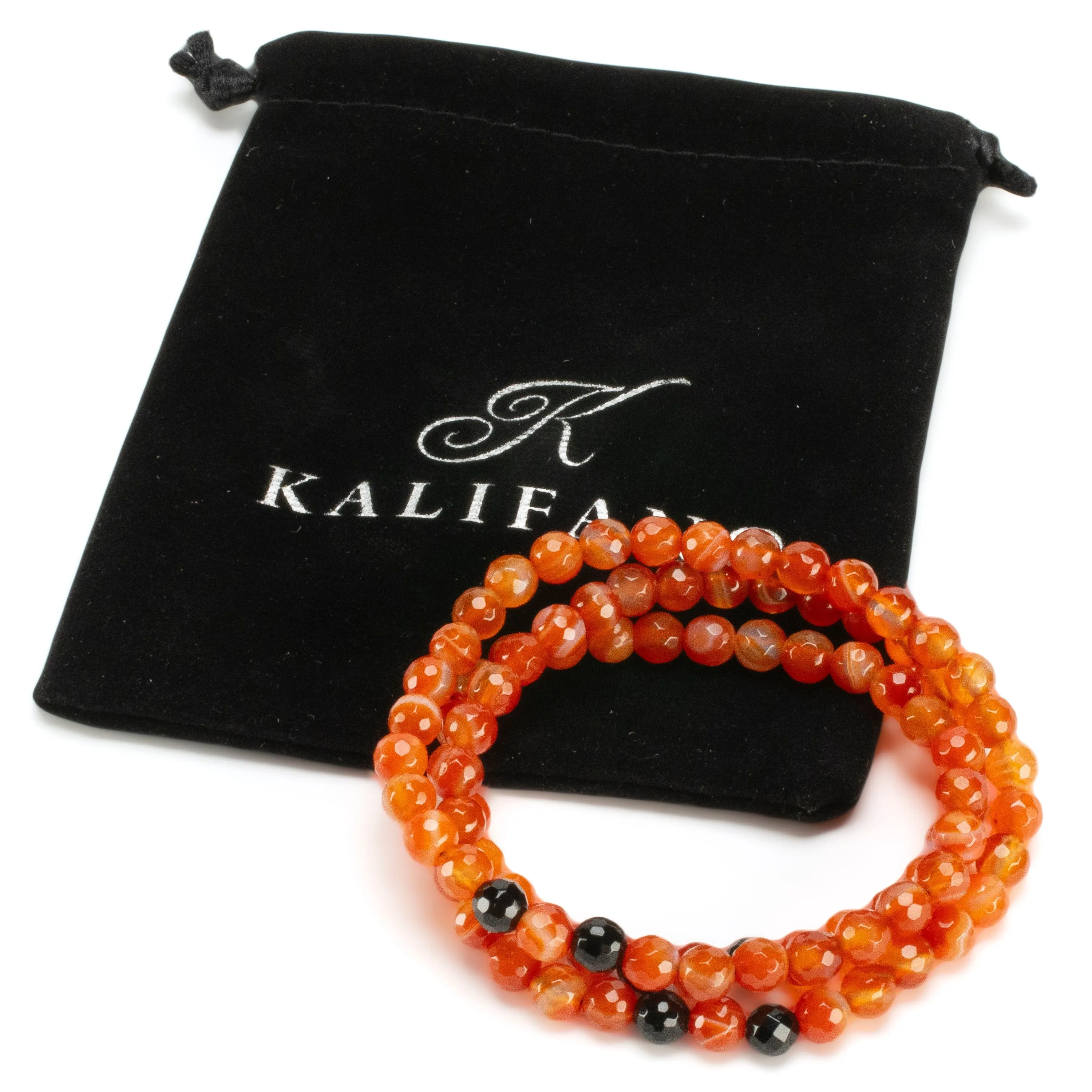 Carnelian Faceted 6mm Beads with Black Agate Accent Beads Triple Wrap Gemstone Elastic Bracelet