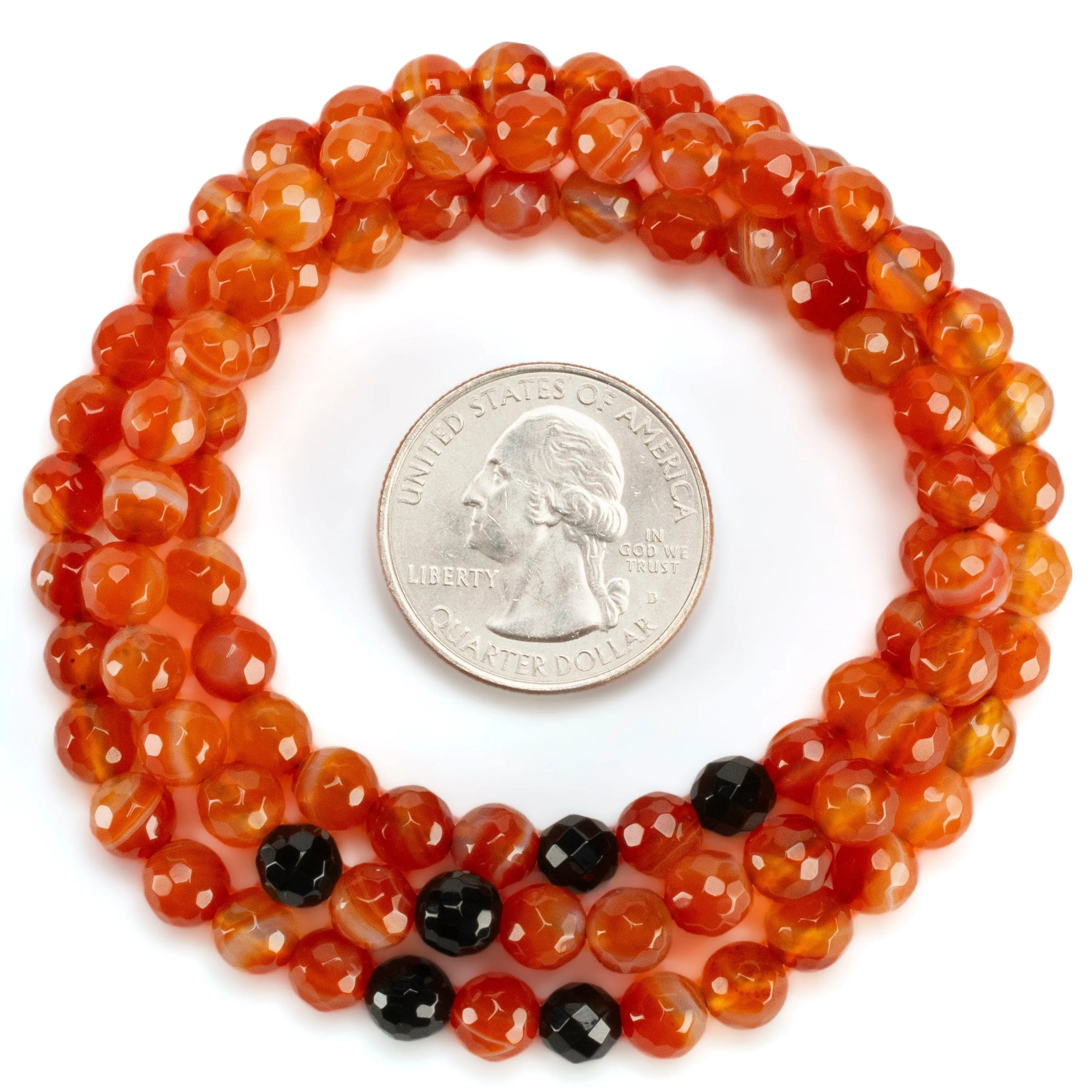 Carnelian Faceted 6mm Beads with Black Agate Accent Beads Triple Wrap Gemstone Elastic Bracelet