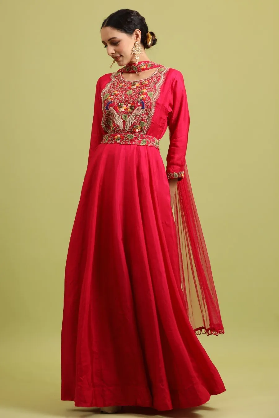 Cerise Pink Kashmiri Silk Embroidered Anarkali with Dupatta