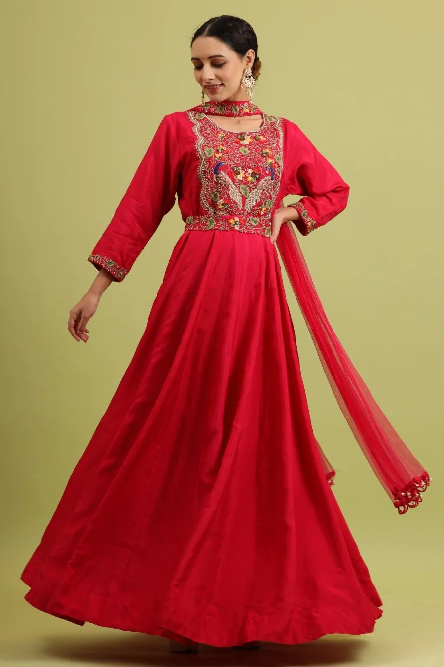 Cerise Pink Kashmiri Silk Embroidered Anarkali with Dupatta