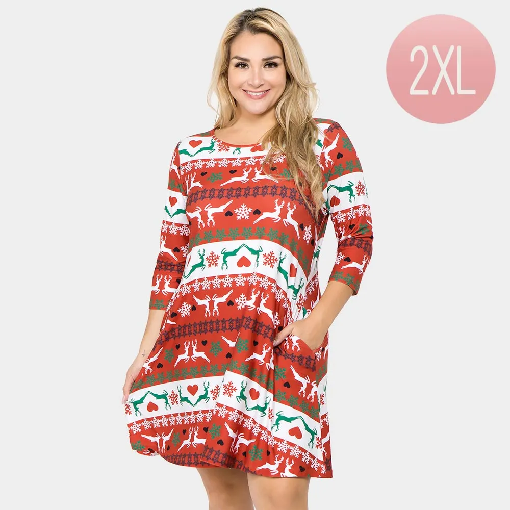 Christmas Fair Isle Reindeer Print Holiday Casual A-Line Dress