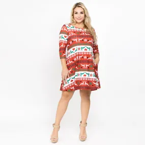 Christmas Fair Isle Reindeer Print Holiday Casual A-Line Dress