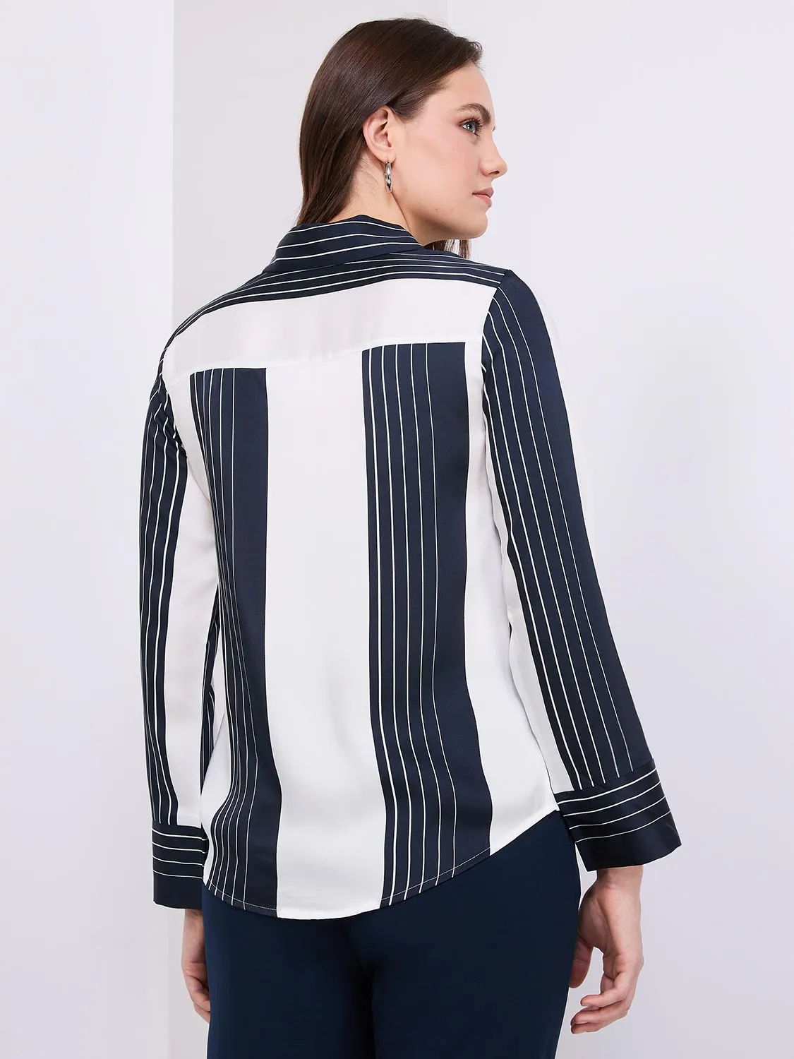 Colour Block Striped Satin Button-Front Blouse