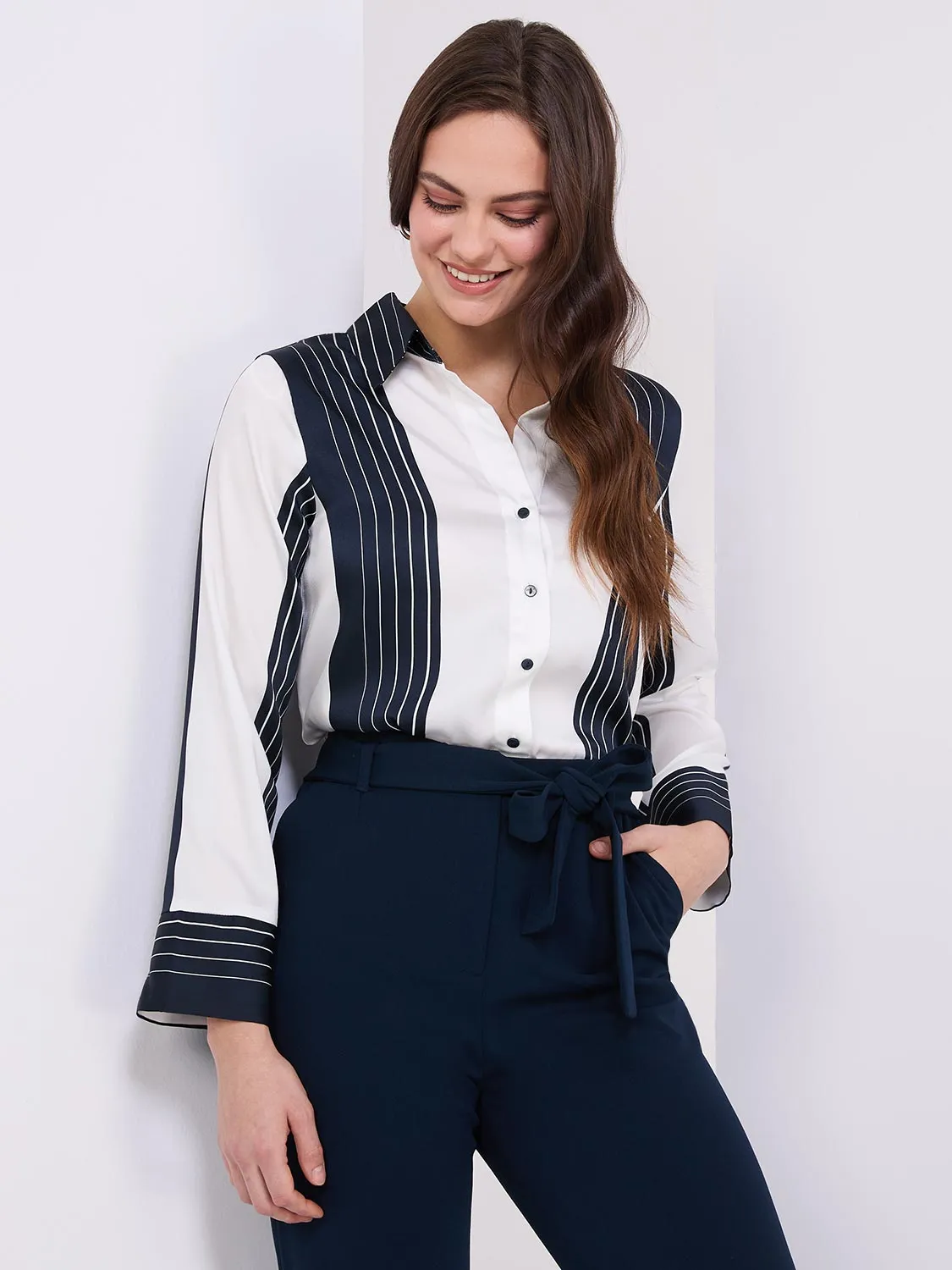 Colour Block Striped Satin Button-Front Blouse