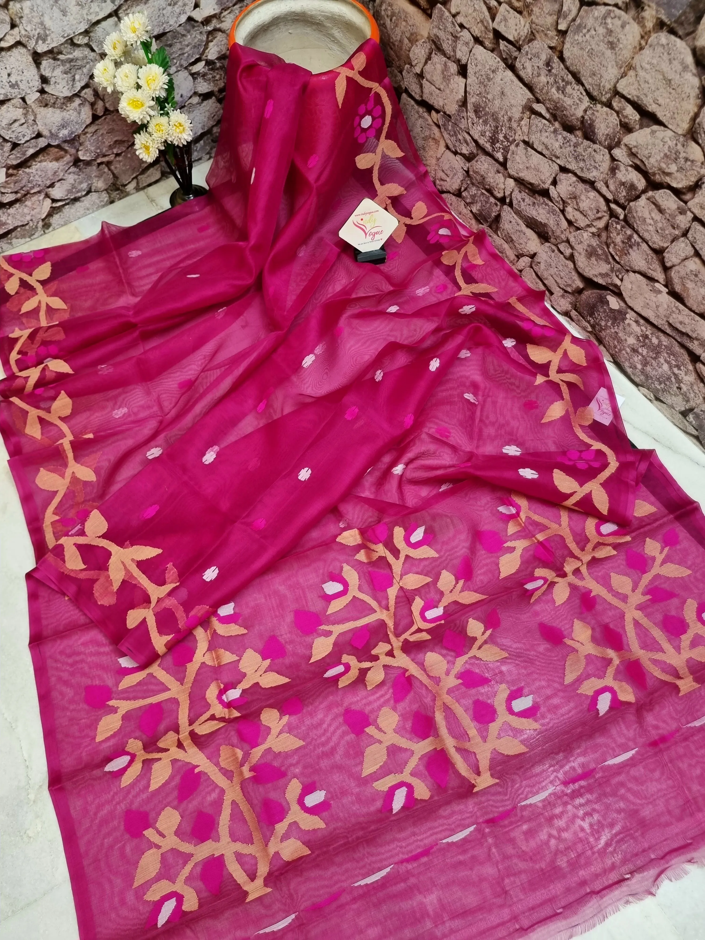 Deep Magenta Color Muslin Jamdani Saree with Banarasi Blouse Piece