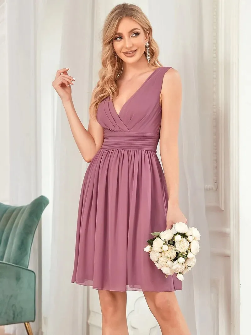 Double V-neck Chiffon Cocktail Pleated Dresses