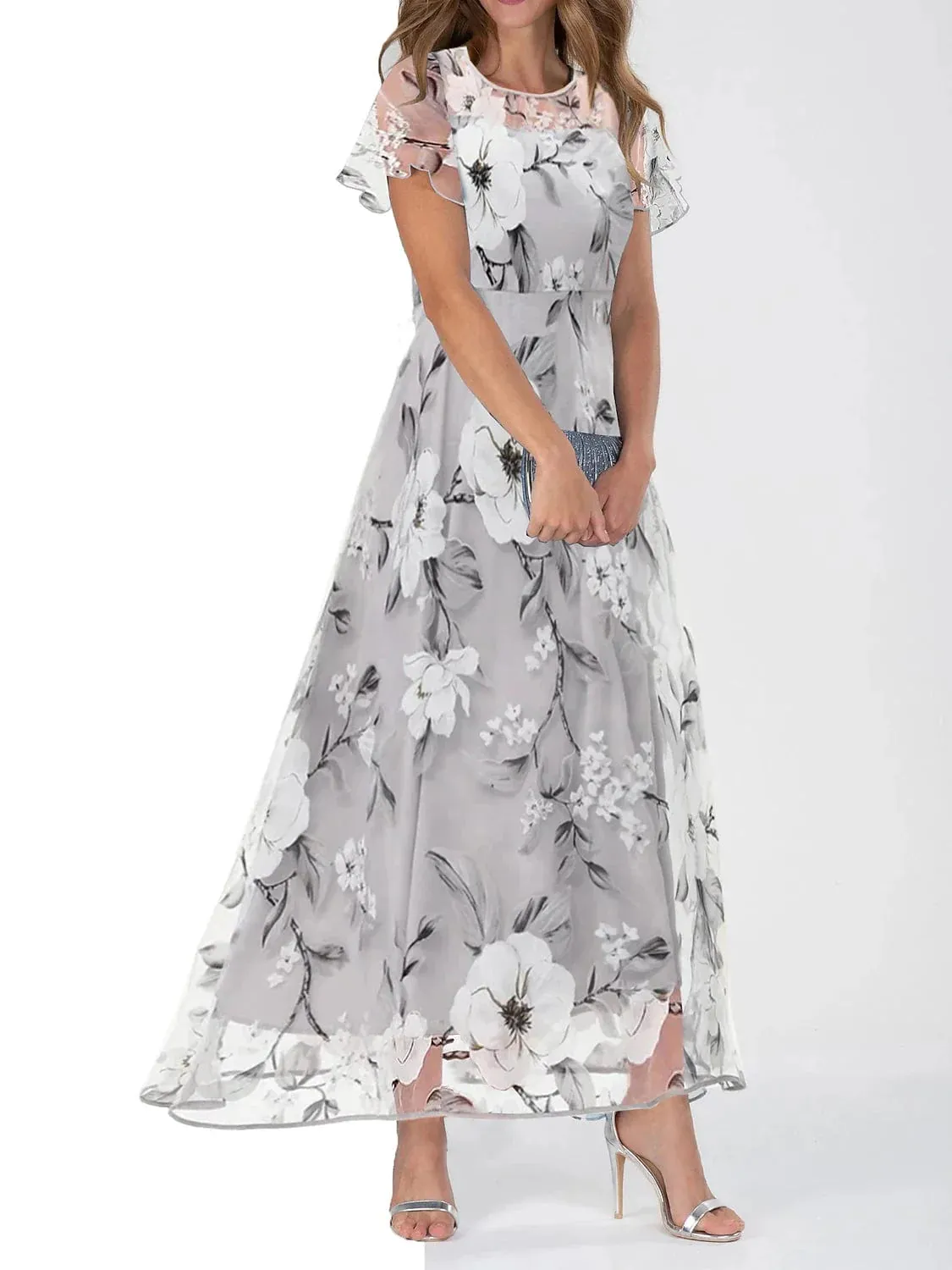 Elegant Floral Print Maxi Swing Dress with Mesh Crew Neck