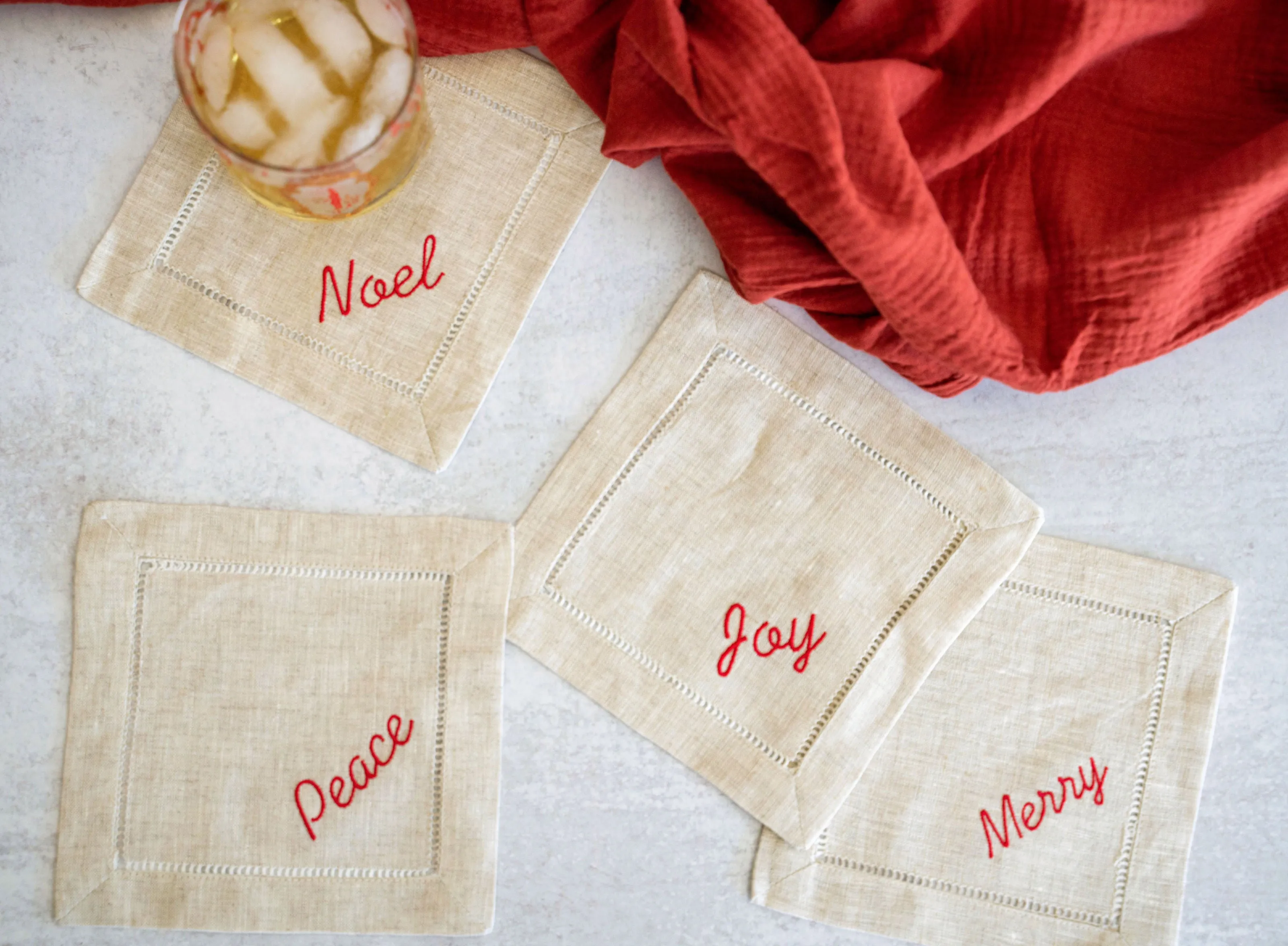 Festive Word Linen Coasters, set of four