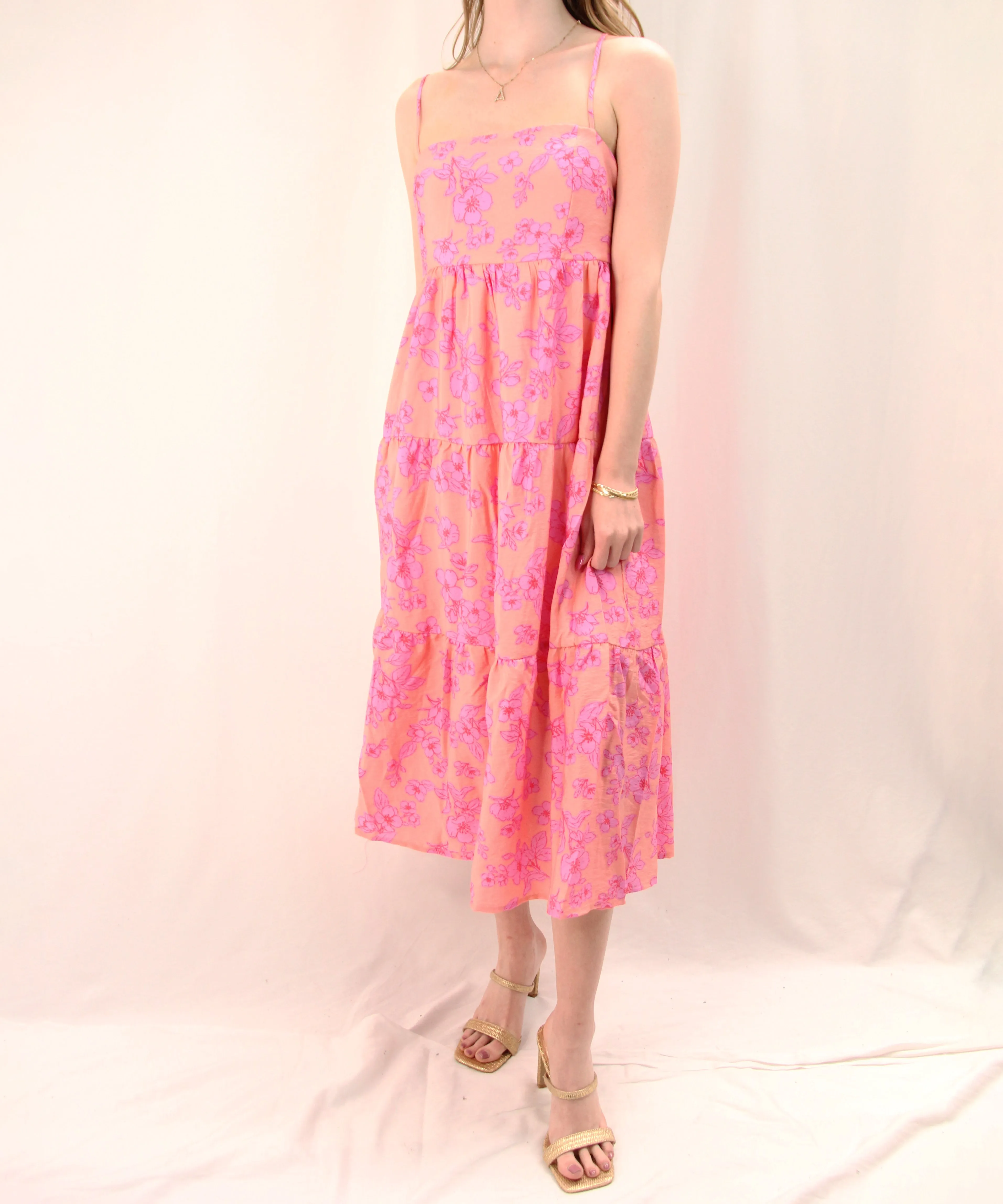 Floral Midi Dress with Smocked Back - Peach/Pink