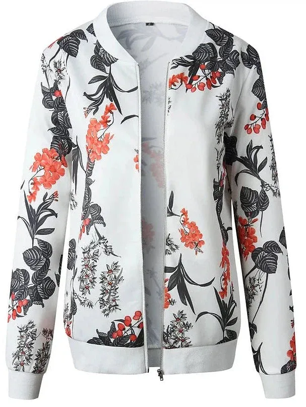 Floral Print Zip-Up Baseball Jacket for Women