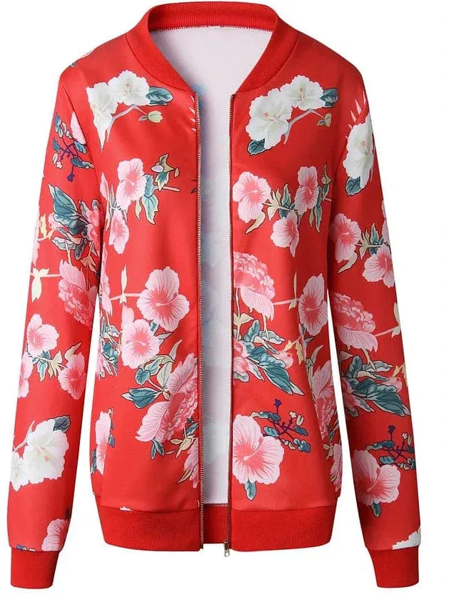 Floral Print Zip-Up Baseball Jacket for Women