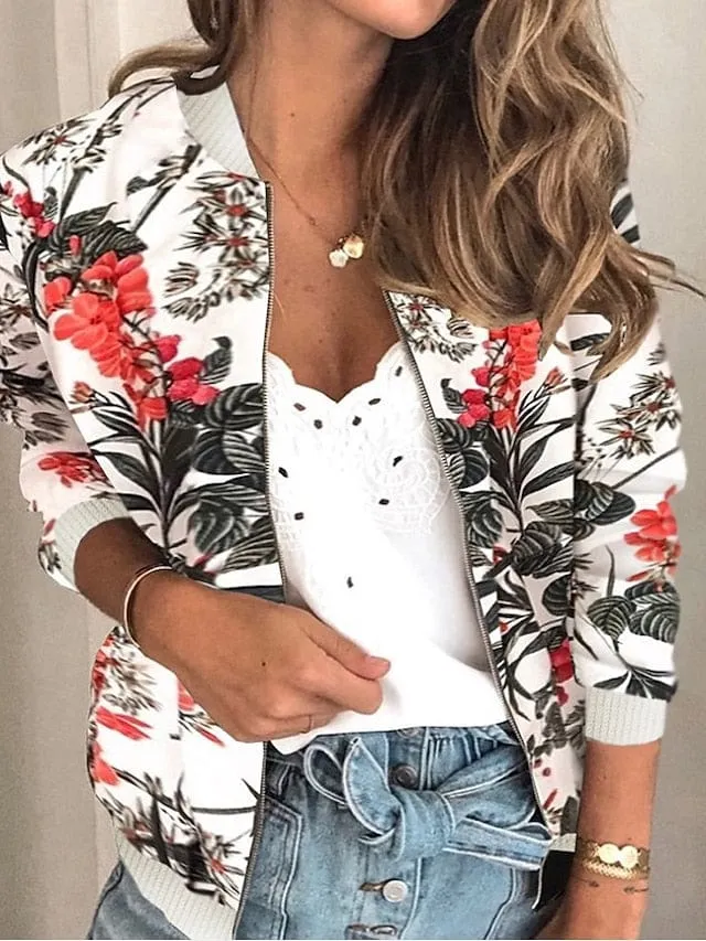 Floral Print Zip-Up Baseball Jacket for Women