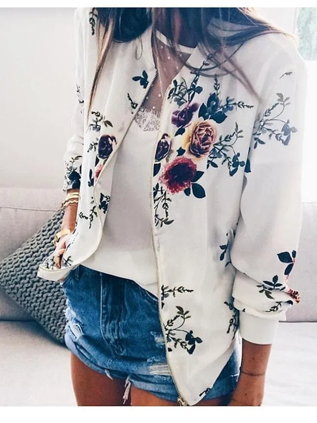 Floral Print Zip-Up Baseball Jacket for Women