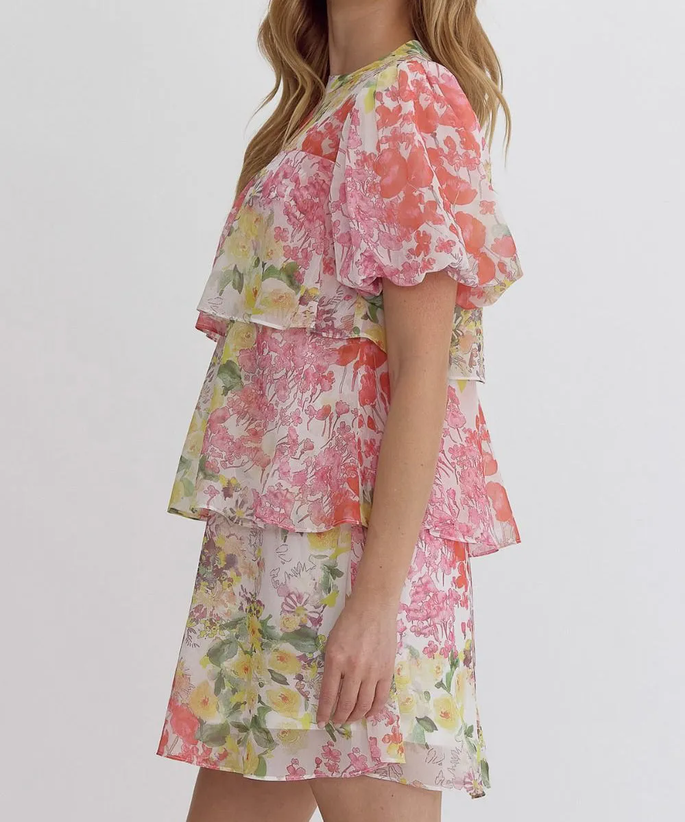 Floral Tiered Mini Dress - Orange Lemon