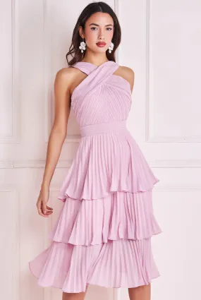 Goddiva Pleated Bodice Plain Chiffon Tiered Midi Dress