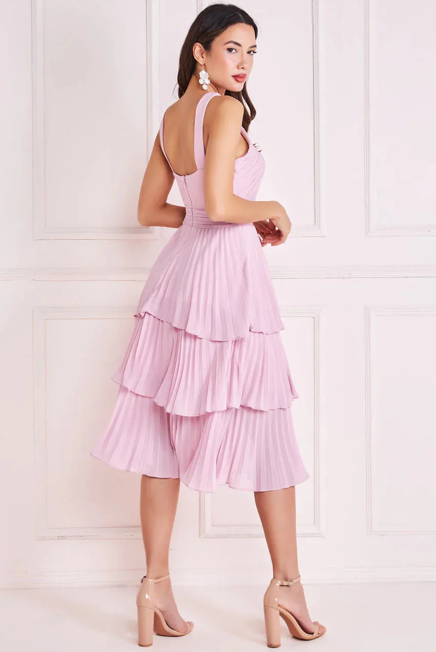 Goddiva Pleated Bodice Plain Chiffon Tiered Midi Dress