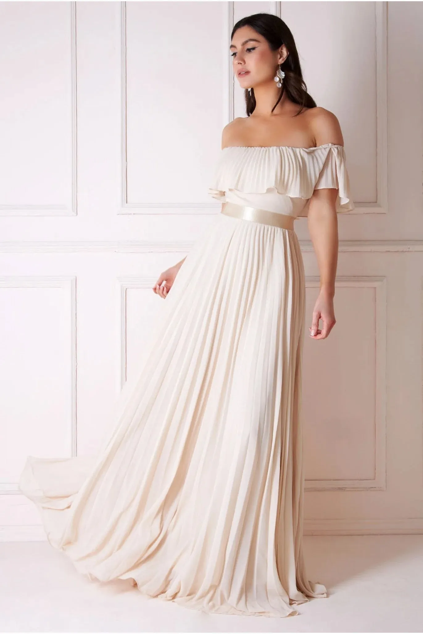 Goddiva Pleated Chiffon Off Shoulder Maxi Dress