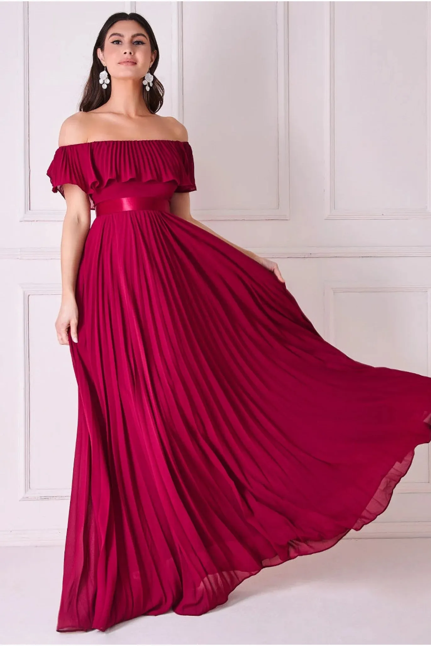 Goddiva Pleated Chiffon Off Shoulder Maxi Dress