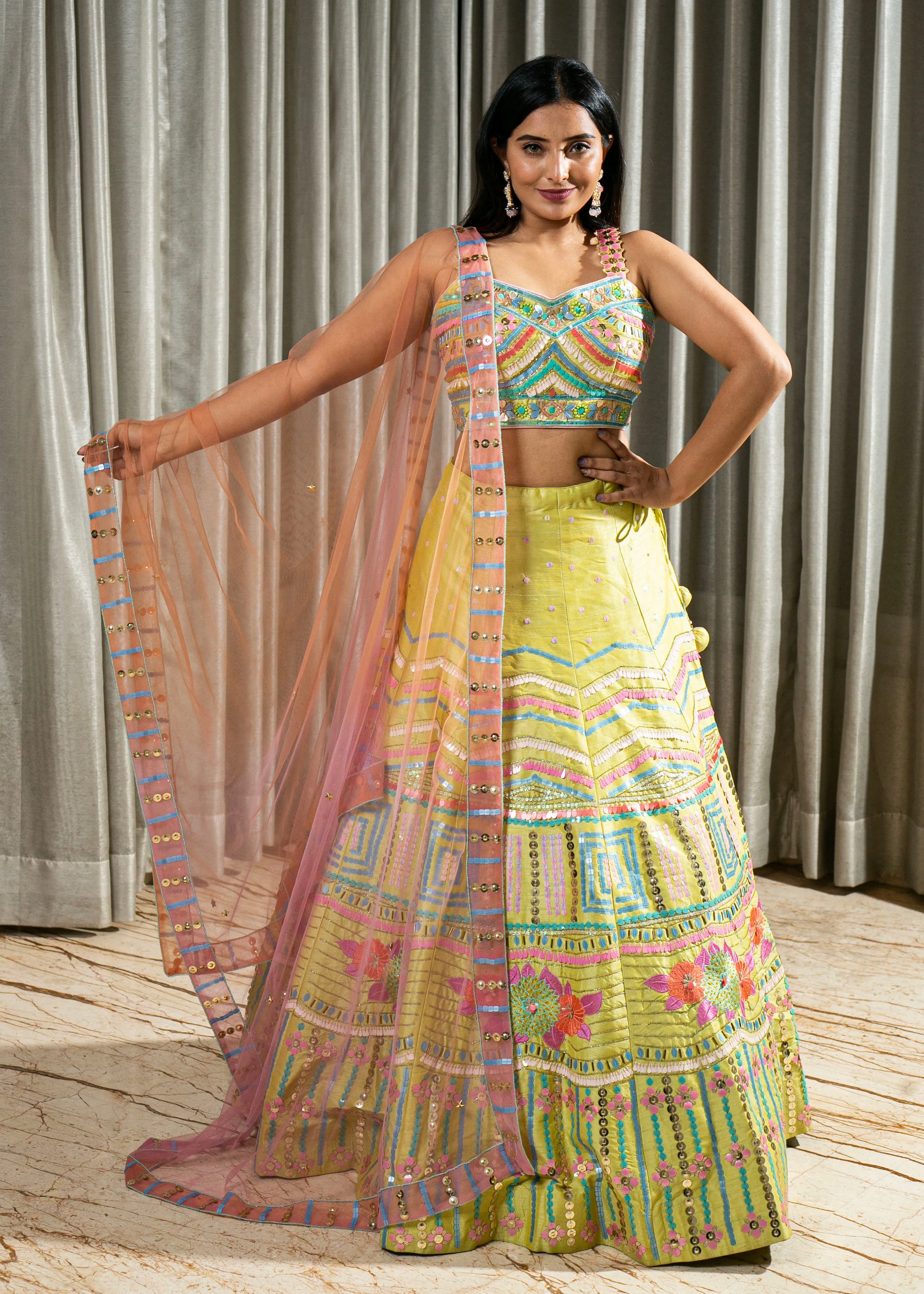 Hand Embroidered Designer Silk Lehenga in Lime Green