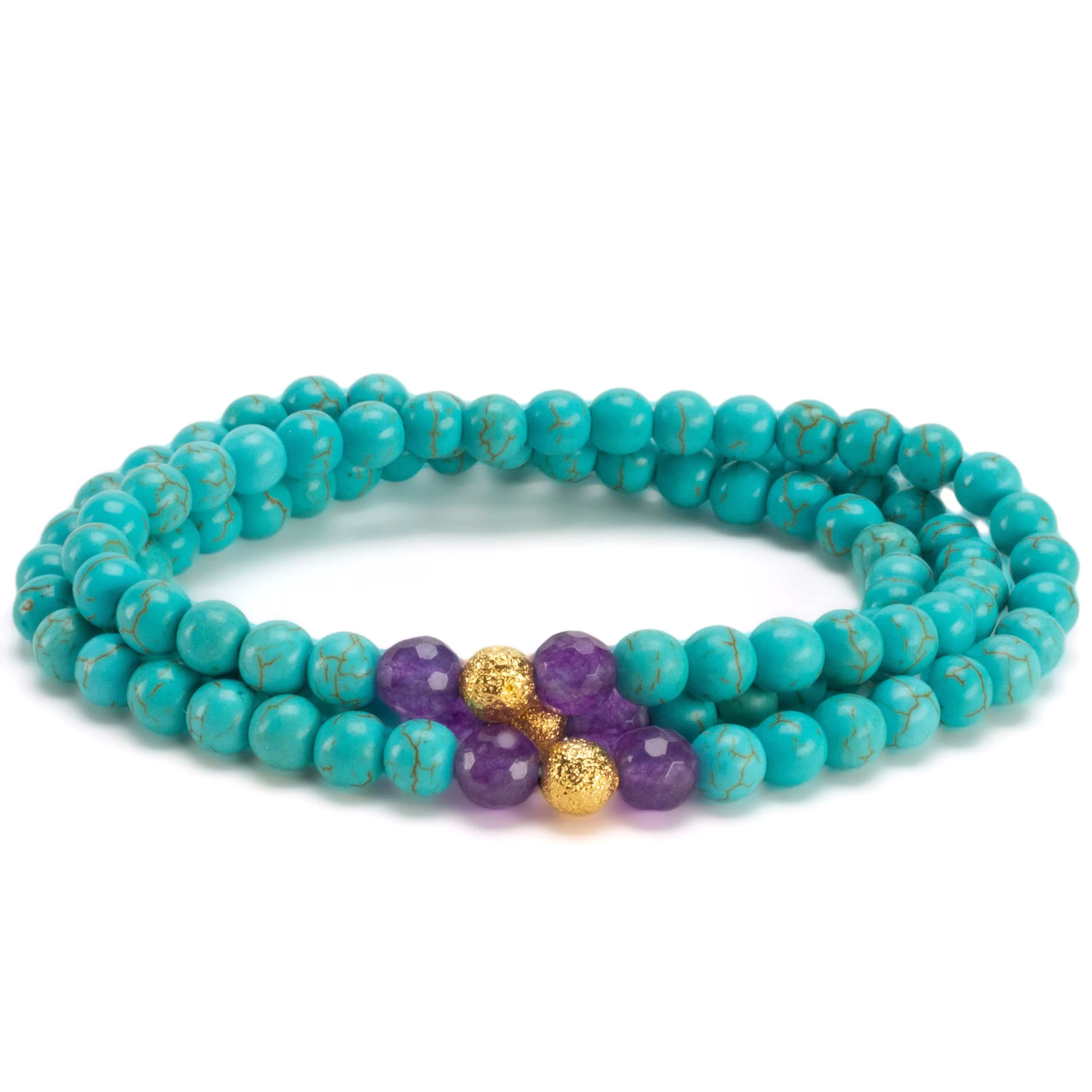 Howlite Turquoise 6mm Beads with Amethyst & Gold Accent Beads Triple Wrap Gemstone Elastic Bracelet