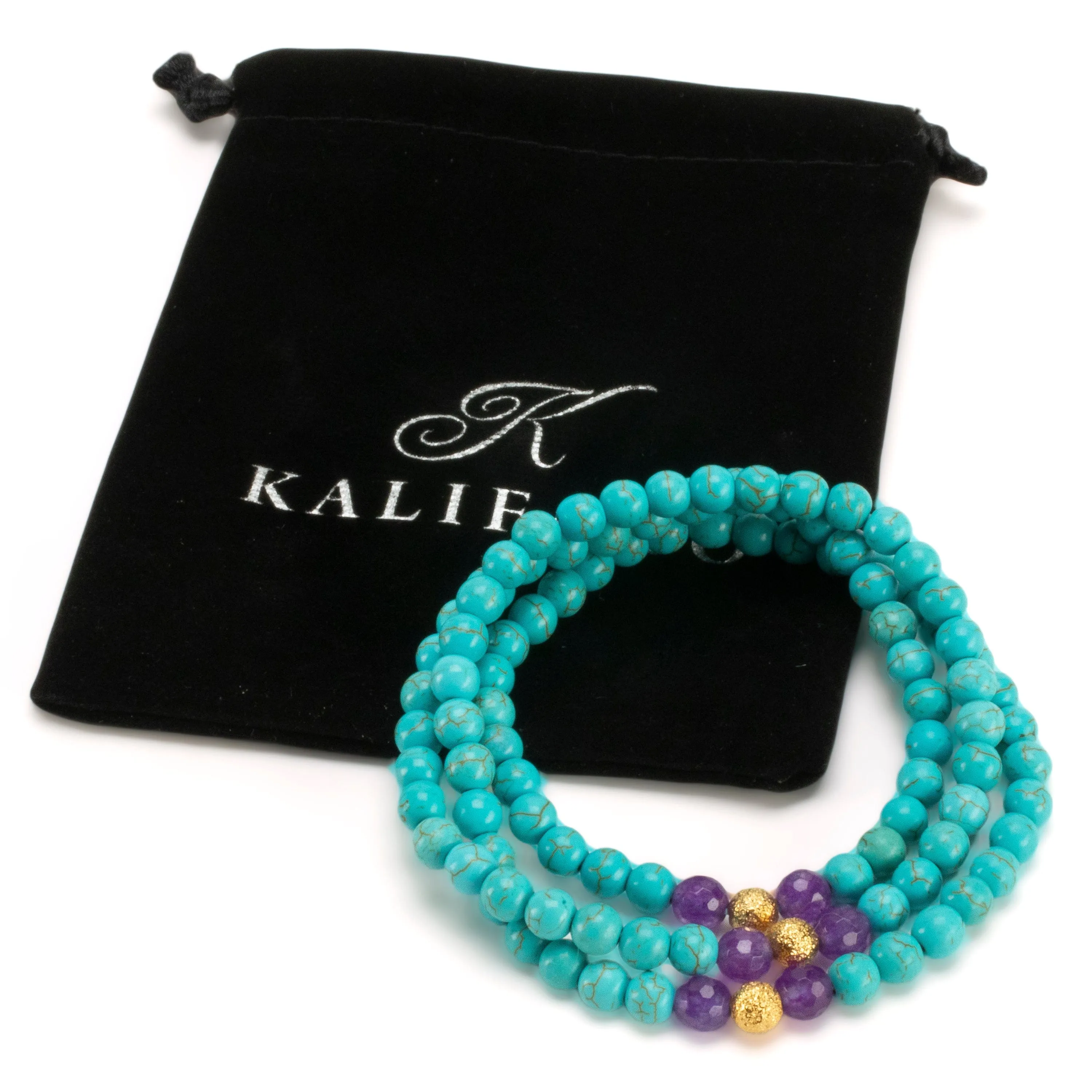 Howlite Turquoise 6mm Beads with Amethyst & Gold Accent Beads Triple Wrap Gemstone Elastic Bracelet