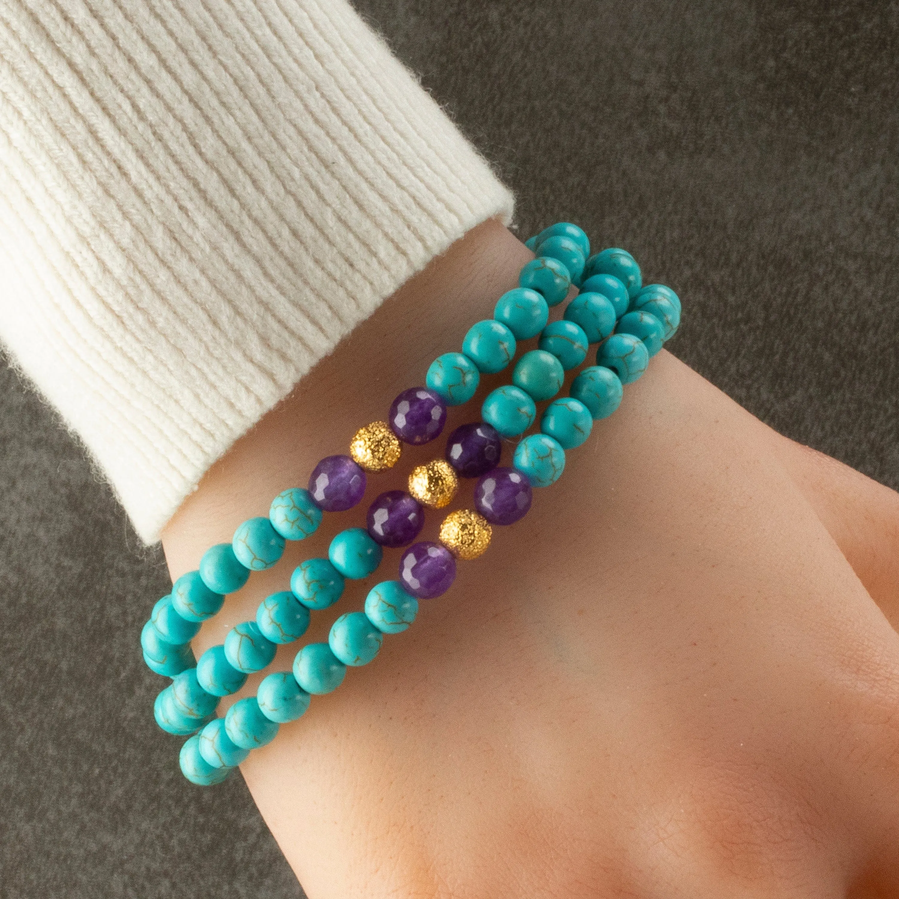 Howlite Turquoise 6mm Beads with Amethyst & Gold Accent Beads Triple Wrap Gemstone Elastic Bracelet