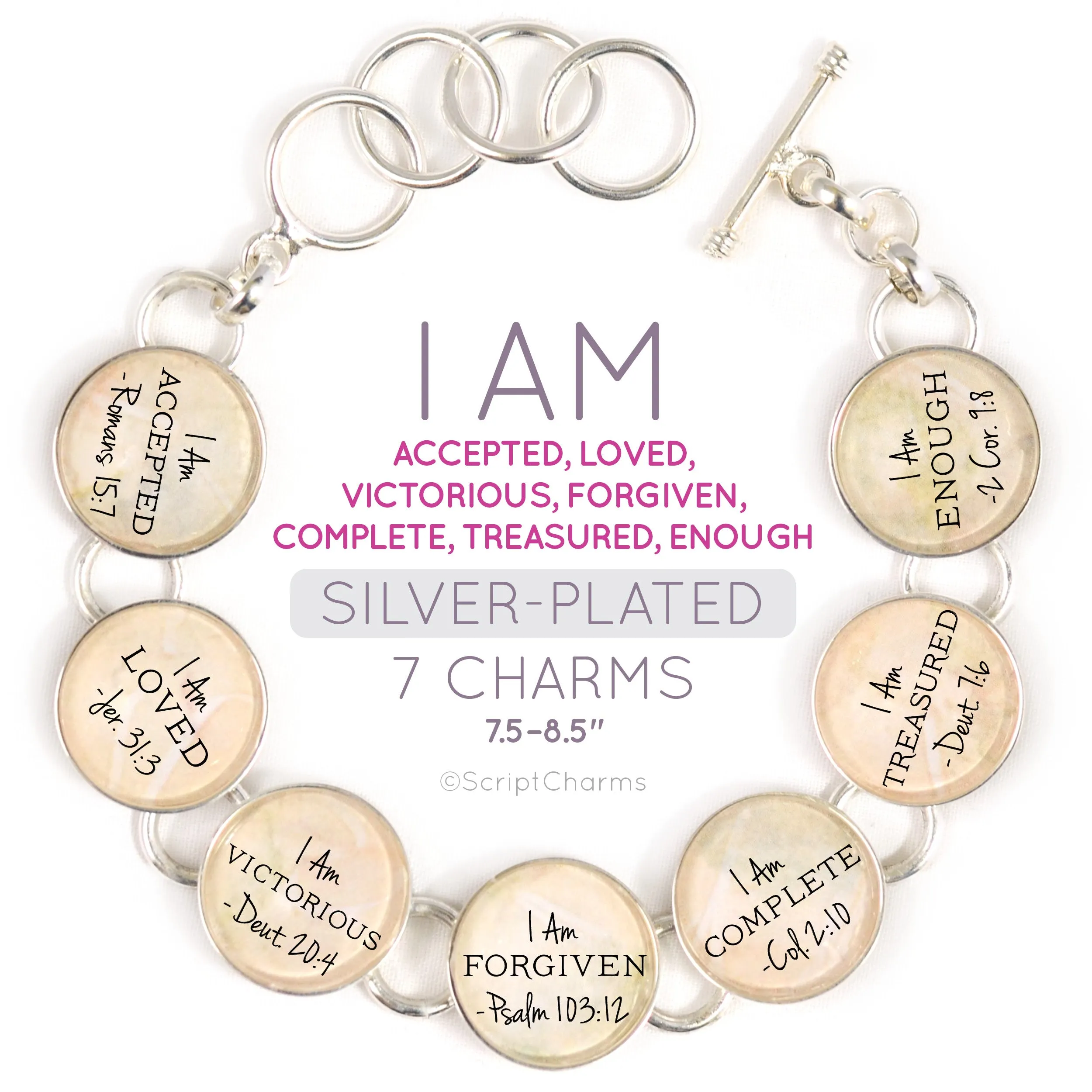 I AM Unique, Whole, Worthy, Strong – Christian Affirmations Silver-Plated Scripture Charm Bracelet