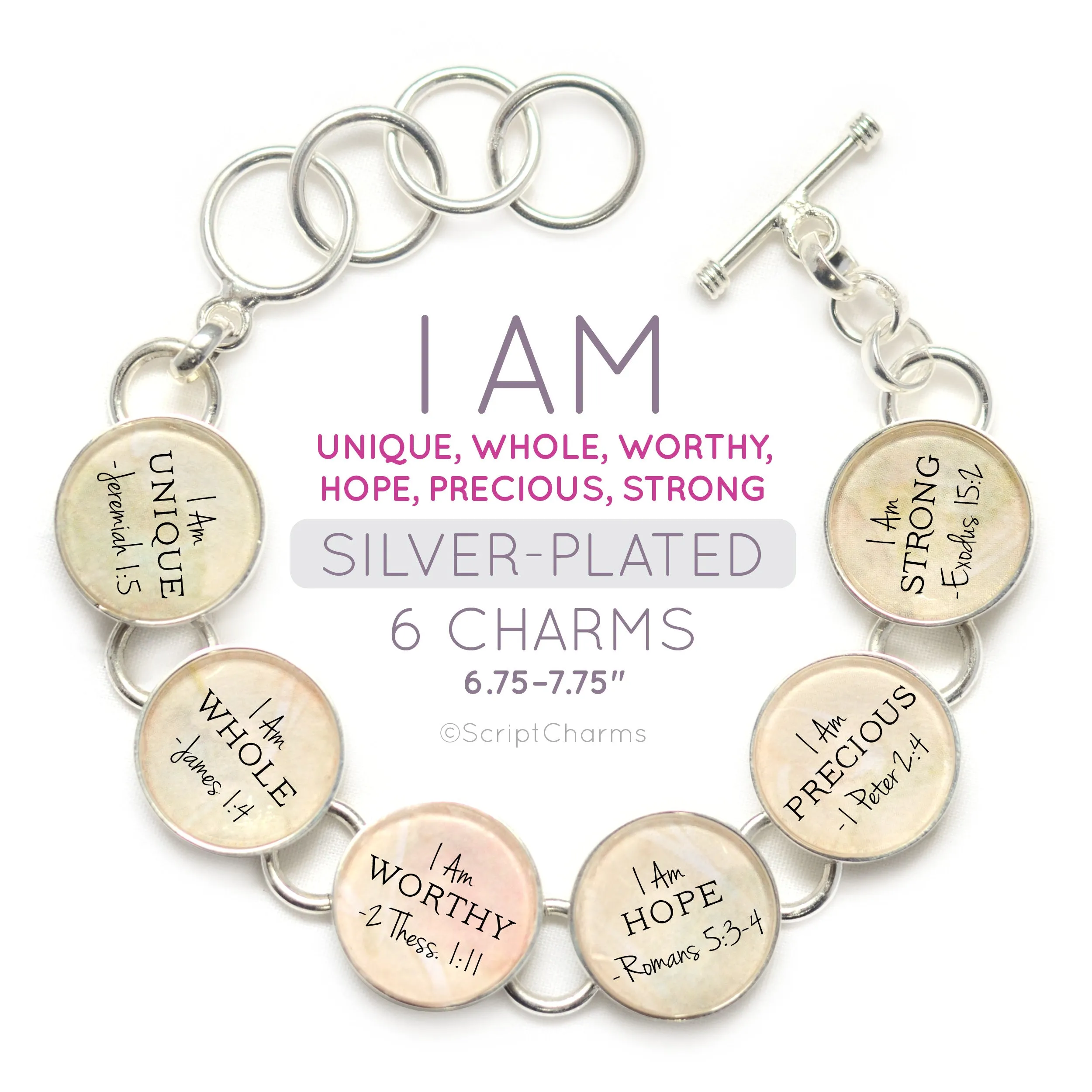 I AM Unique, Whole, Worthy, Strong – Christian Affirmations Silver-Plated Scripture Charm Bracelet