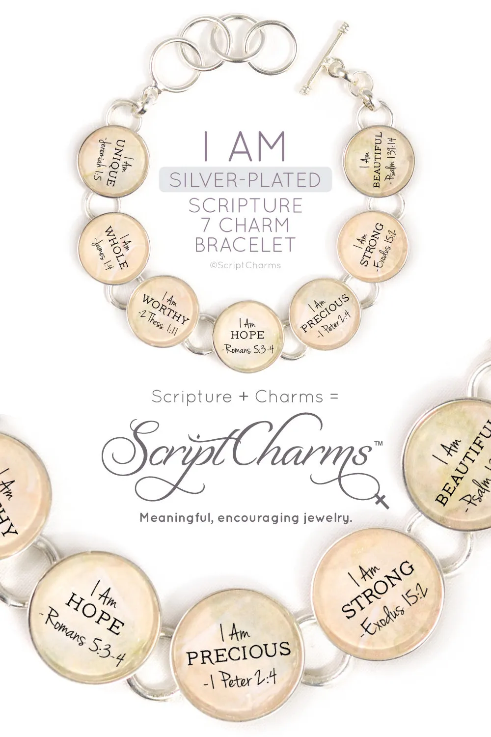 I AM Unique, Whole, Worthy, Strong – Christian Affirmations Silver-Plated Scripture Charm Bracelet