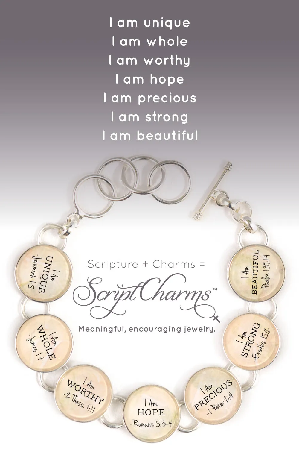 I AM Unique, Whole, Worthy, Strong – Christian Affirmations Silver-Plated Scripture Charm Bracelet