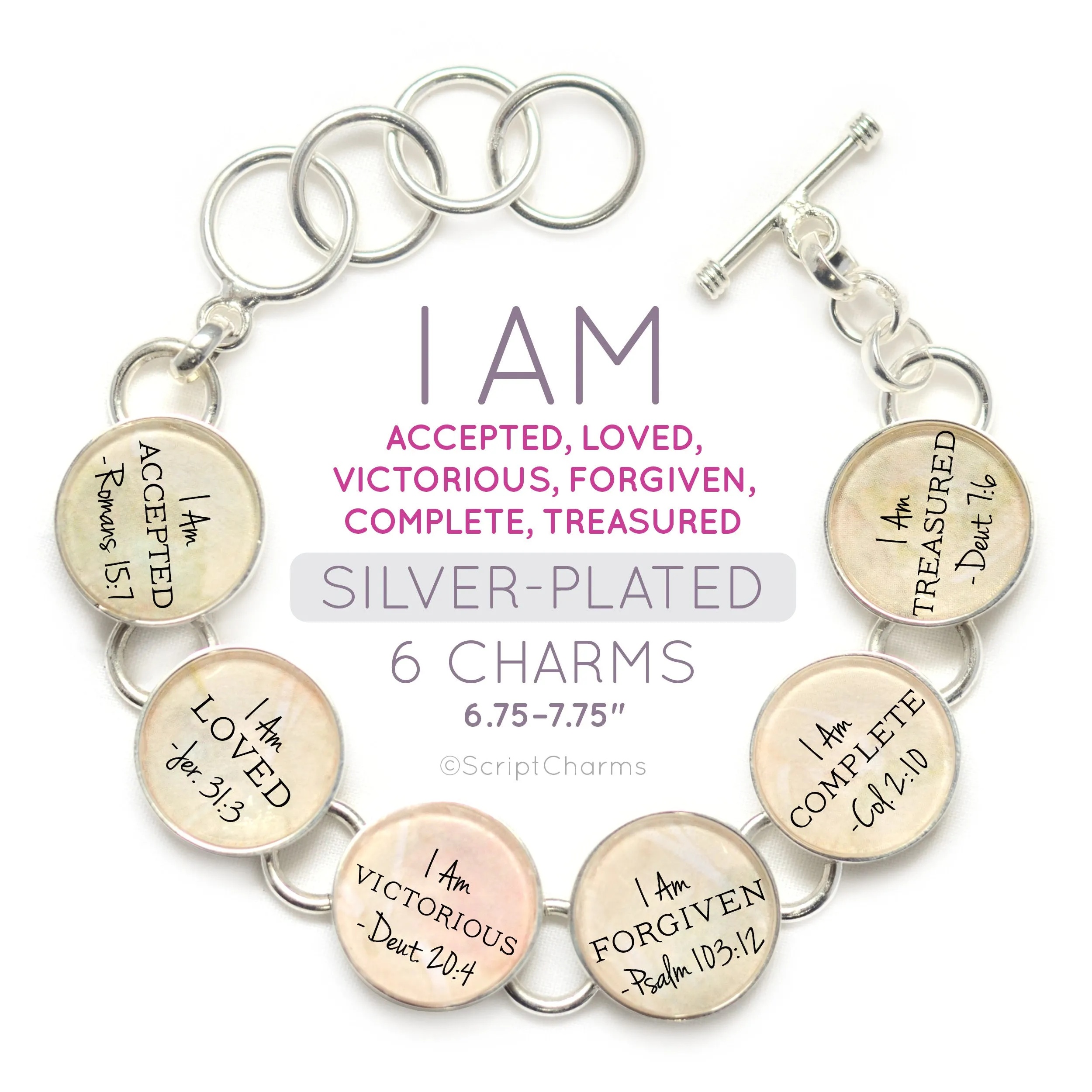 I AM Unique, Whole, Worthy, Strong – Christian Affirmations Silver-Plated Scripture Charm Bracelet